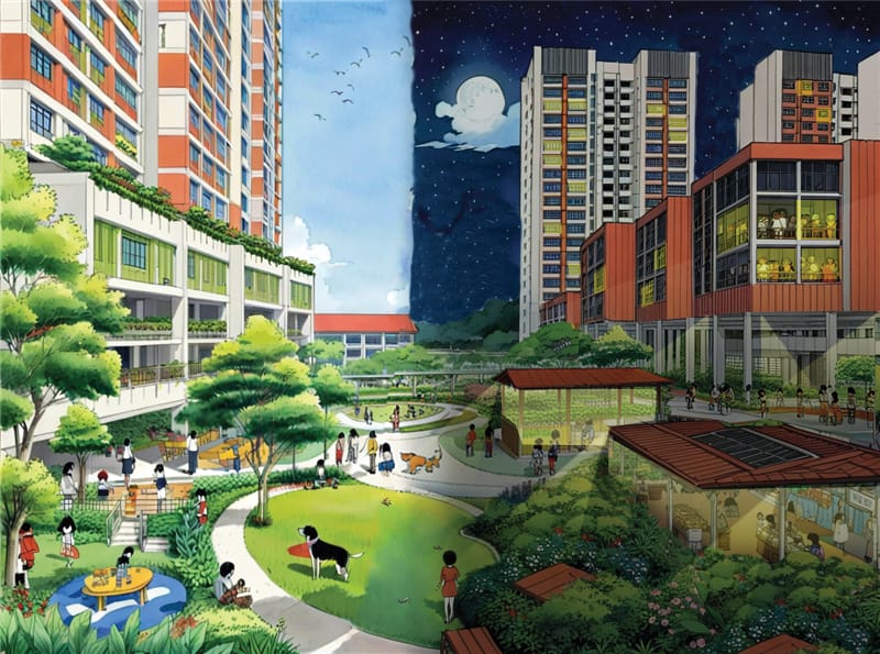 Illustration of a daytime/nighttime view of a community with apartments, gardens, and people.